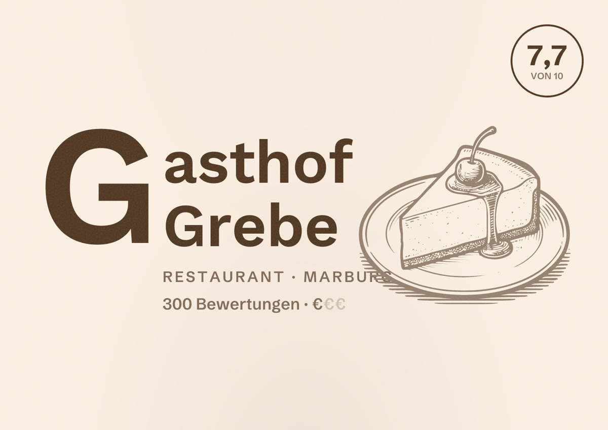 Illustriertes Poster von Gasthof Grebe, Restaurant in Marburg: Bewertung 7,7 von 10 aus 300 Bewertungen, Preisniveau €