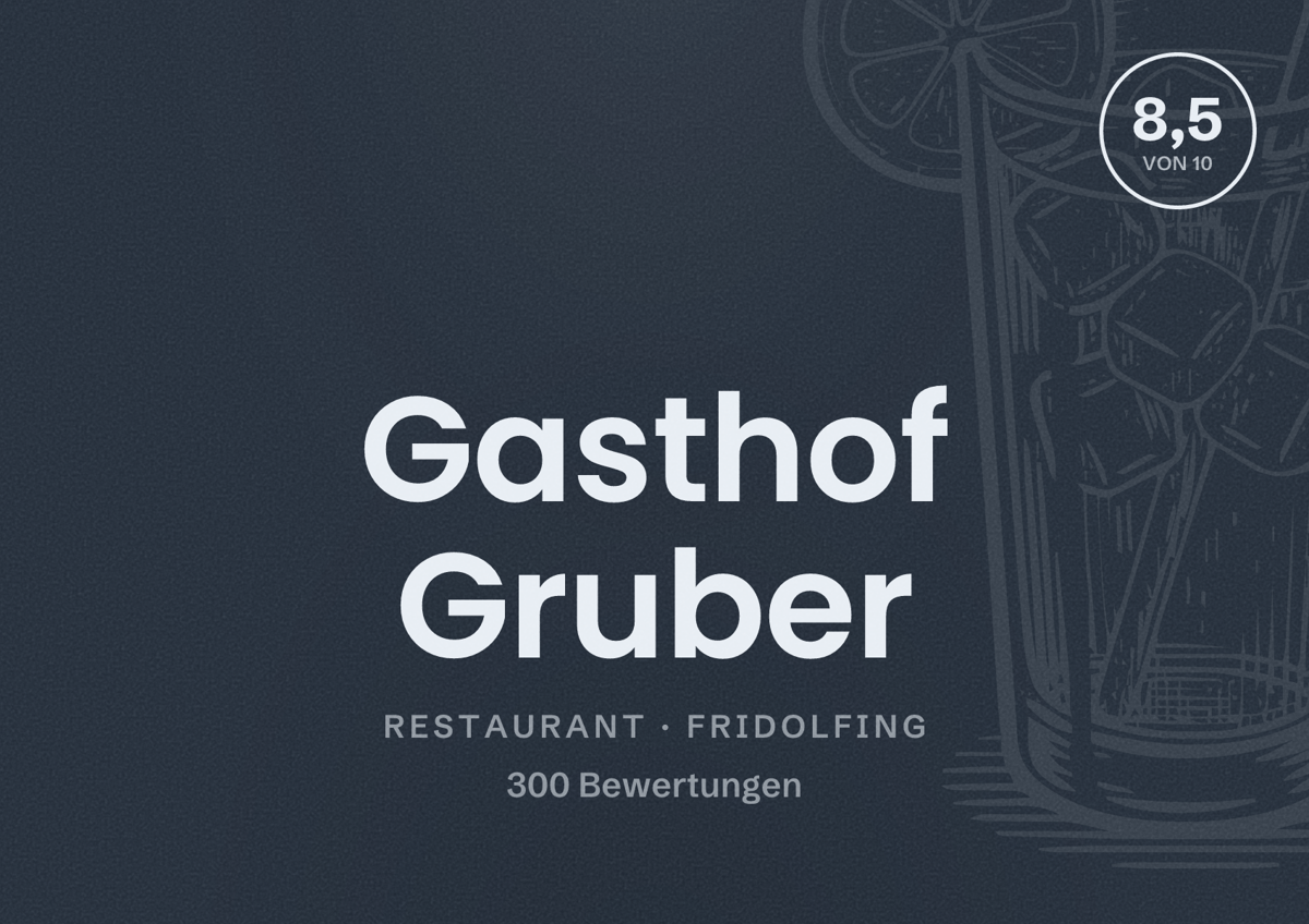 Illustriertes Poster von Gasthof Gruber, Restaurant in Fridolfing: Bewertung 8,5 von 10 aus 300 Bewertungen
