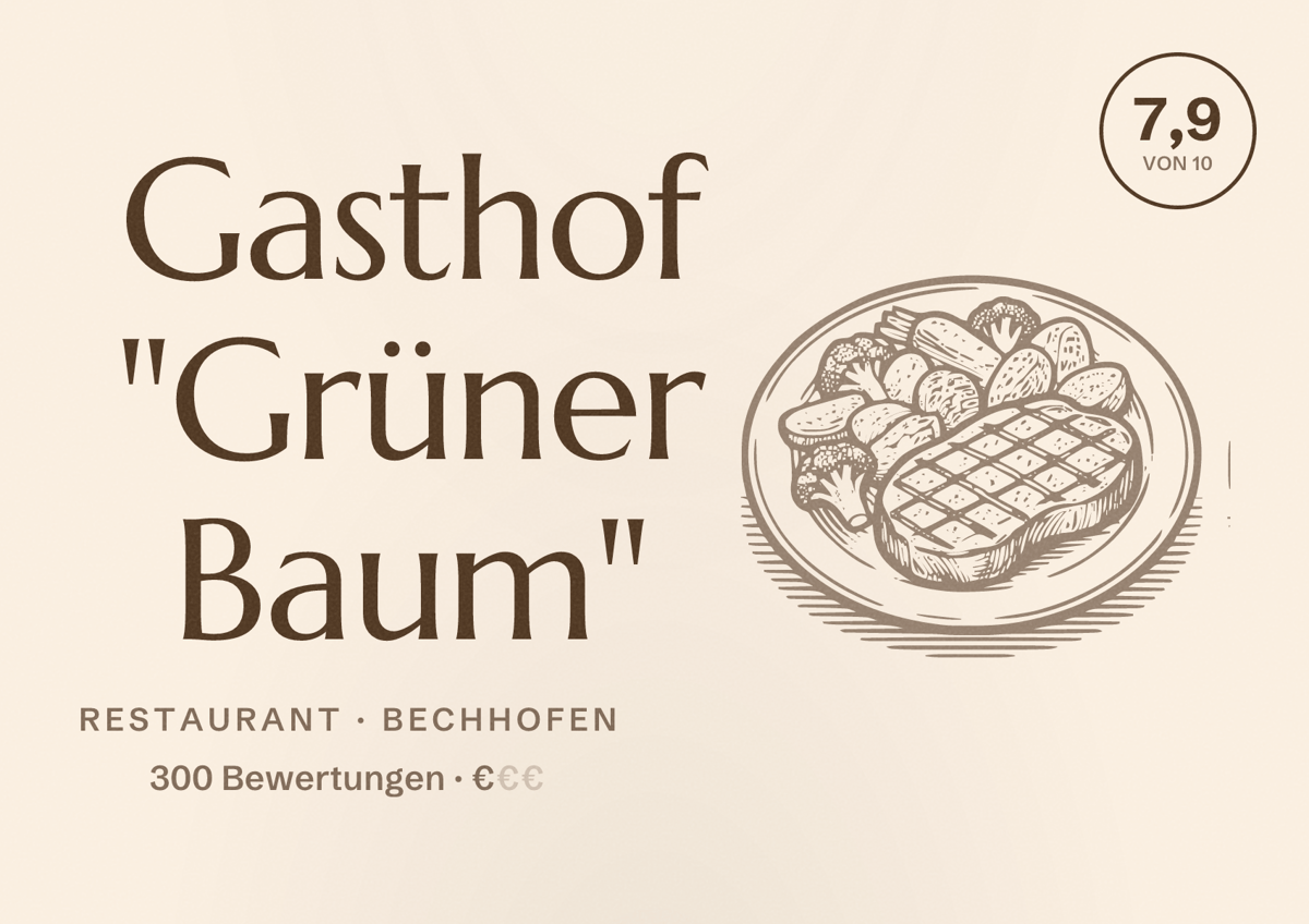 Illustriertes Poster von Gasthof "Grüner Baum", Restaurant in Bechhofen: Bewertung 7,9 von 10 aus 300 Bewertungen, Preisniveau €