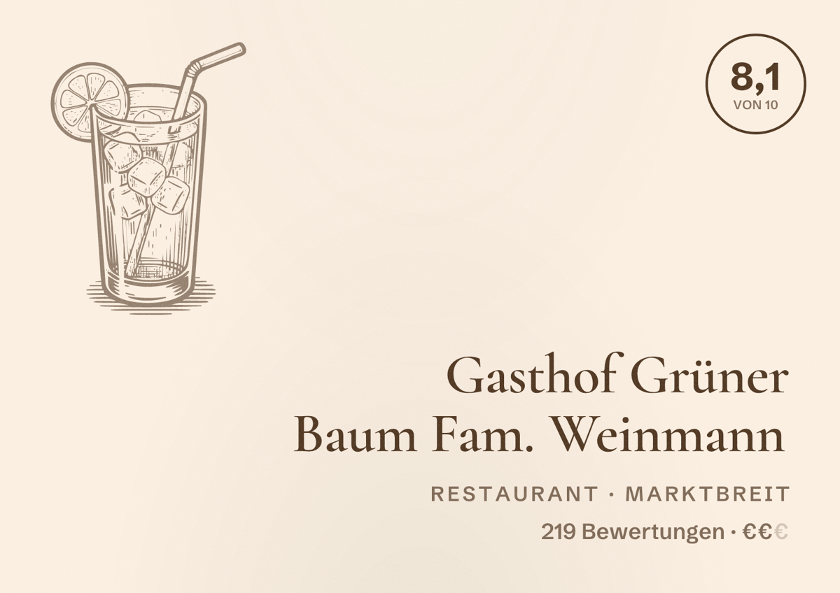 Illustriertes Poster von Gasthof Grüner Baum Fam. Weinmann, Restaurant in Marktbreit: Bewertung 8,1 von 10 aus 219 Bewertungen, Preisniveau €€