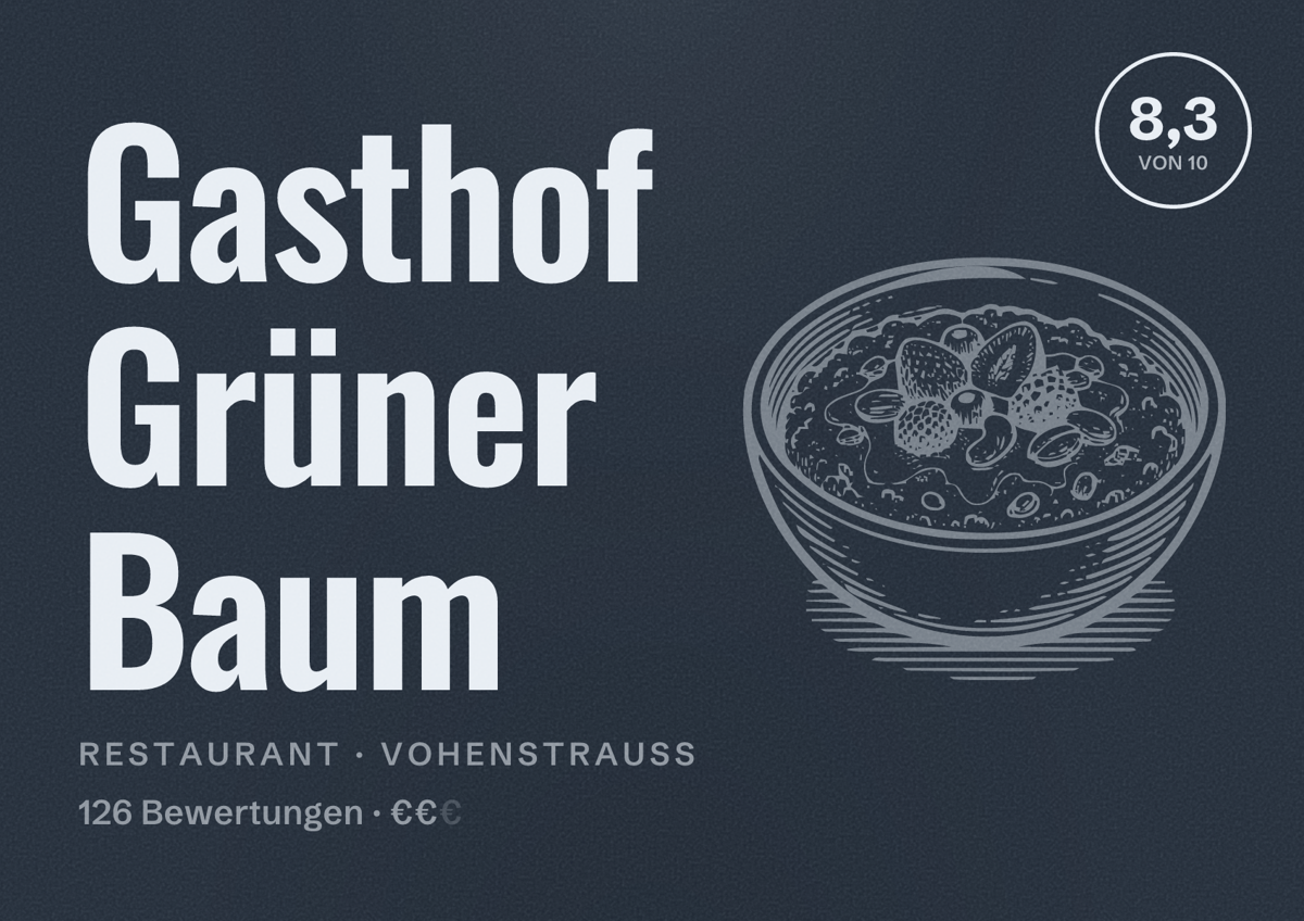 Illustriertes Poster von Gasthof Grüner Baum, Restaurant in Vohenstrauß: Bewertung 8,3 von 10 aus 126 Bewertungen, Preisniveau €€