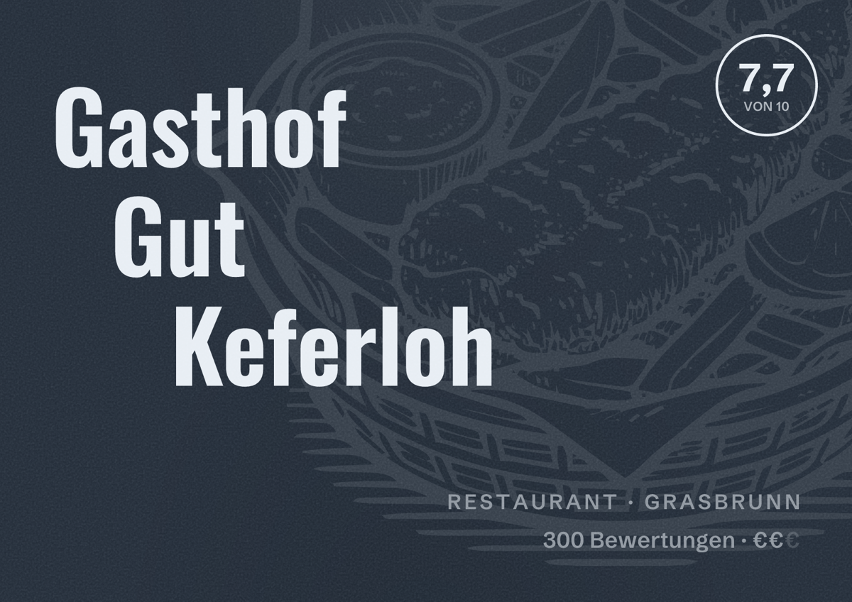 Illustriertes Poster von Gasthof Gut Keferloh, Restaurant in Grasbrunn: Bewertung 7,7 von 10 aus 300 Bewertungen, Preisniveau €€