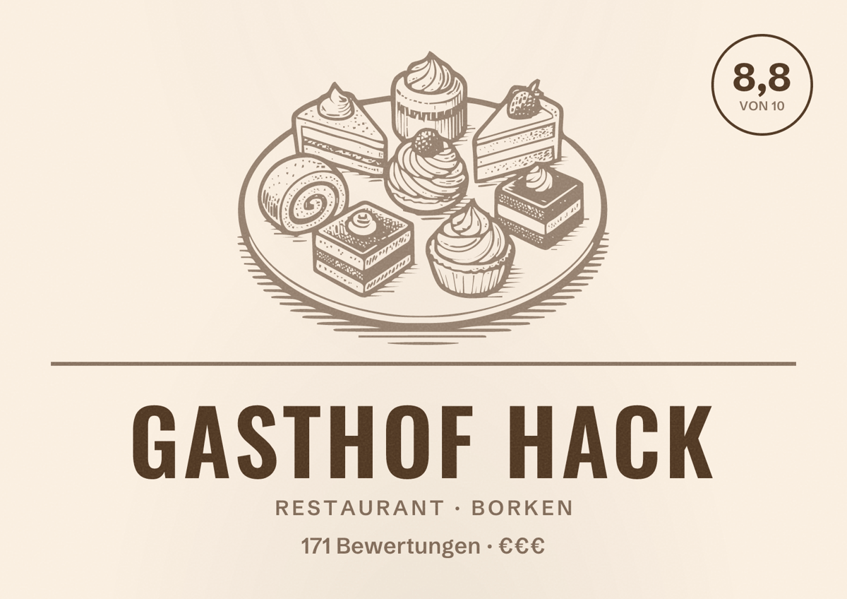 Illustriertes Poster von Gasthof Hack, Restaurant in Borken: Bewertung 8,8 von 10 aus 171 Bewertungen, Preisniveau €€€