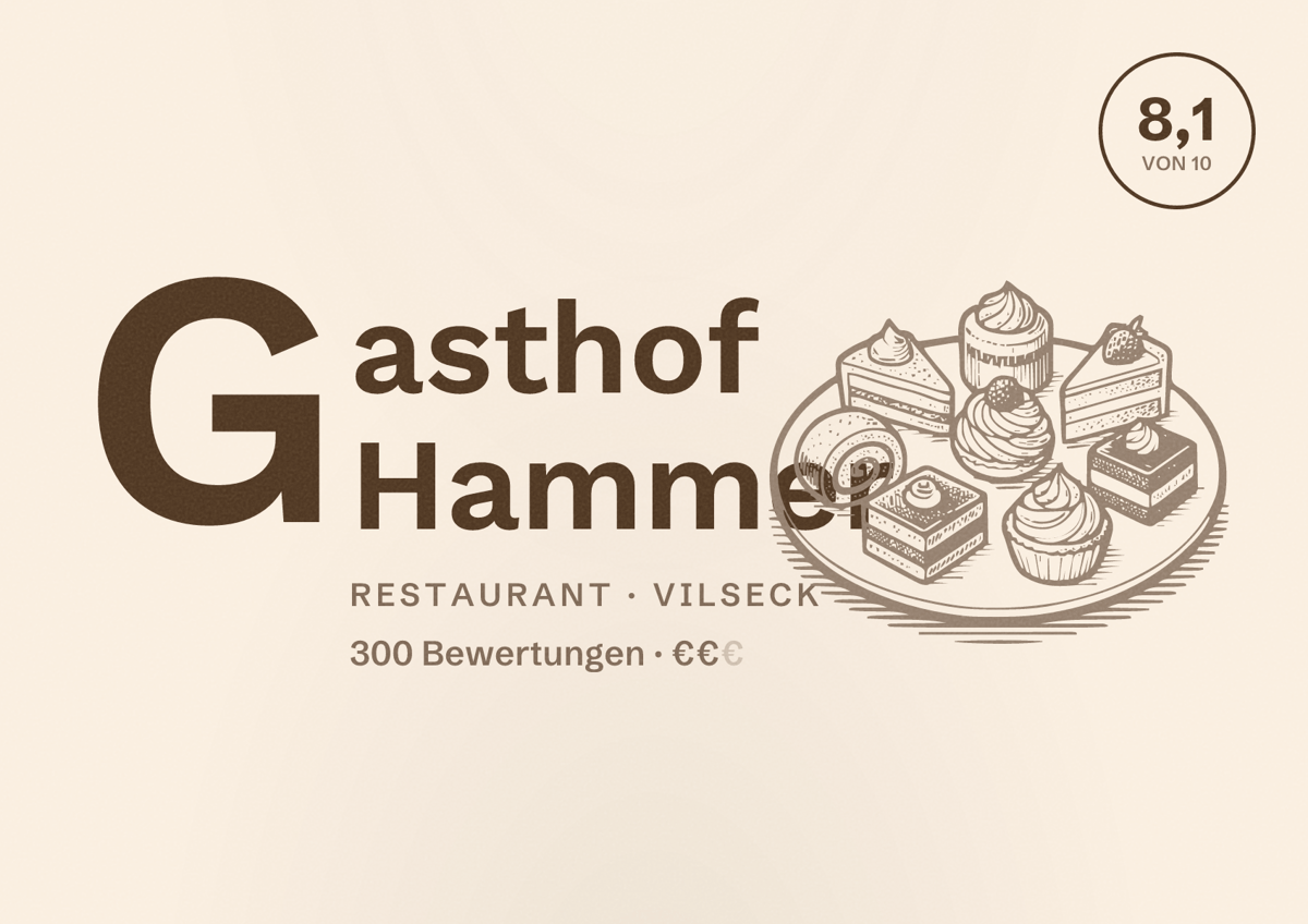 Illustriertes Poster von Gasthof Hammer, Restaurant in Vilseck: Bewertung 8,1 von 10 aus 300 Bewertungen, Preisniveau €€