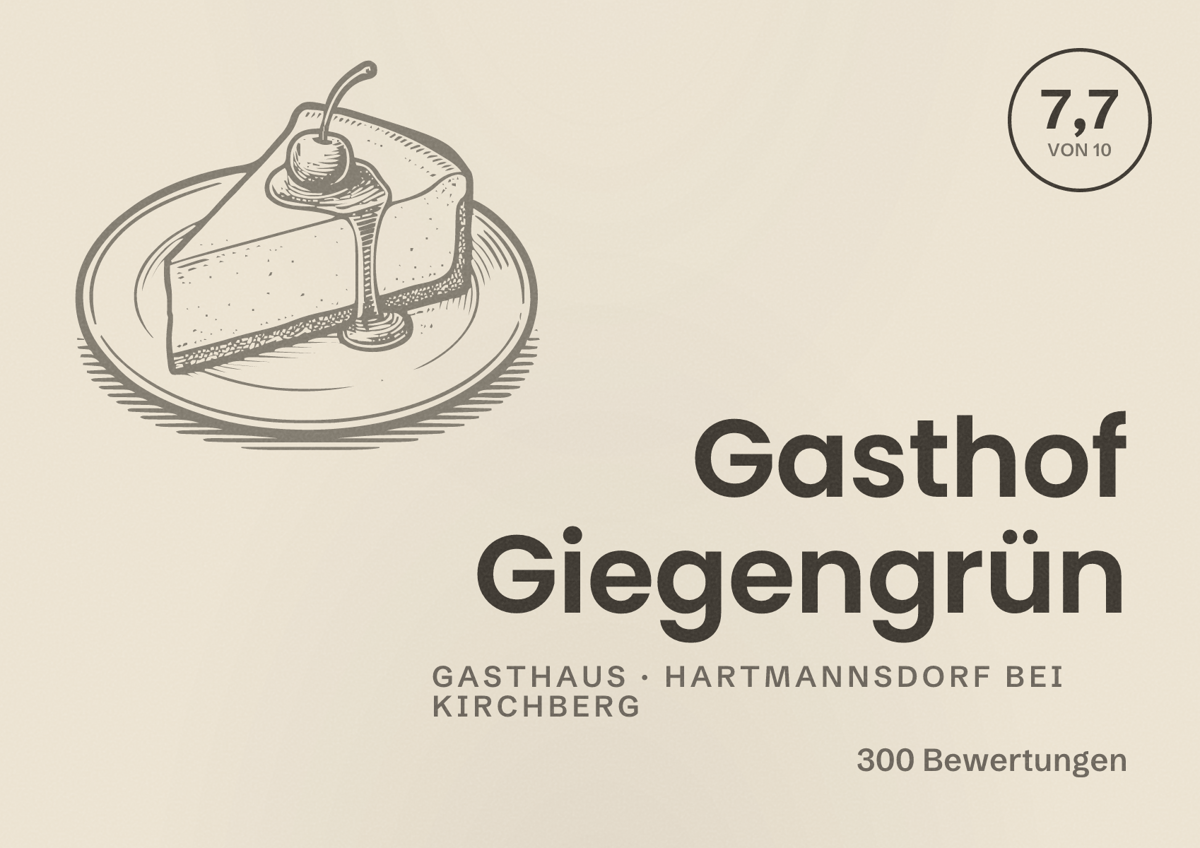 Illustriertes Poster von Gasthof Giegengrün, Gasthaus in Hartmannsdorf bei Kirchberg: Bewertung 7,7 von 10 aus 300 Bewertungen