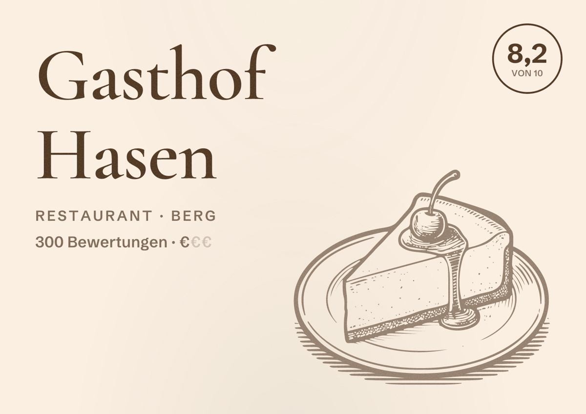 Illustriertes Poster von Gasthof Hasen, Restaurant in Berg: Bewertung 8,2 von 10 aus 300 Bewertungen, Preisniveau €