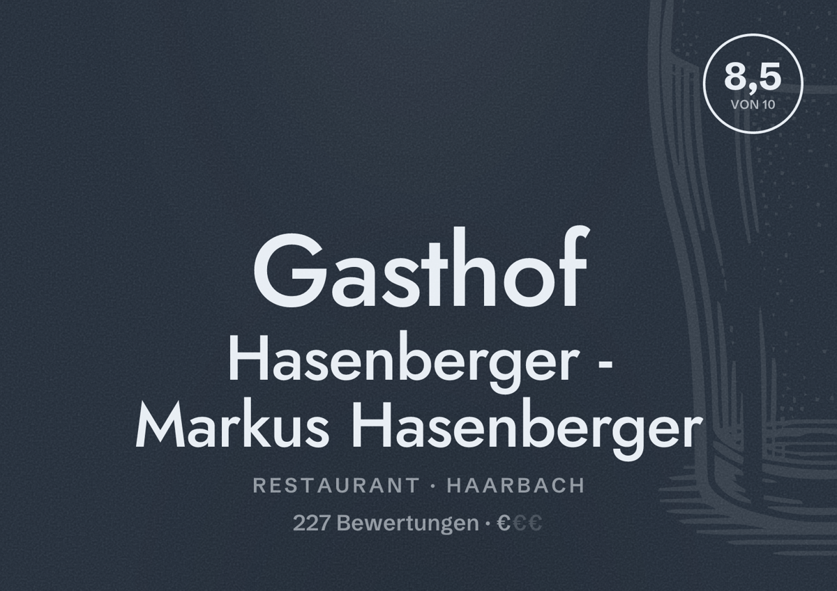 Illustriertes Poster von Gasthof Hasenberger - Markus Hasenberger, Restaurant in Haarbach: Bewertung 8,5 von 10 aus 227 Bewertungen, Preisniveau €