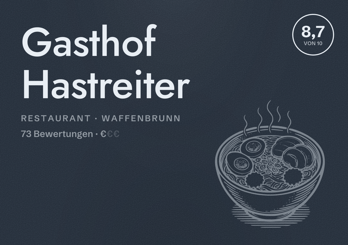 Illustriertes Poster von Gasthof Hastreiter, Restaurant in Waffenbrunn: Bewertung 8,7 von 10 aus 73 Bewertungen, Preisniveau €