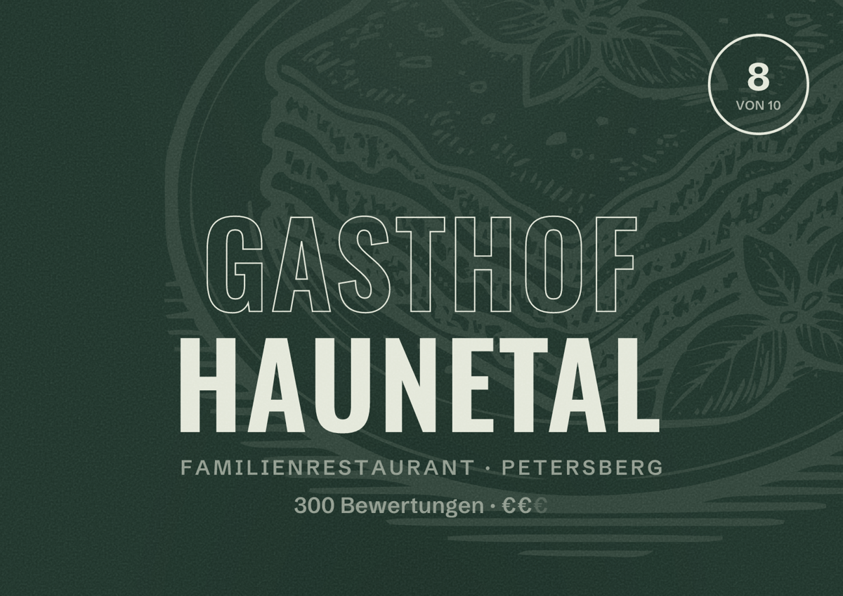 Illustriertes Poster von Gasthof Haunetal, Familienrestaurant in Petersberg: Bewertung 8 von 10 aus 300 Bewertungen, Preisniveau €€