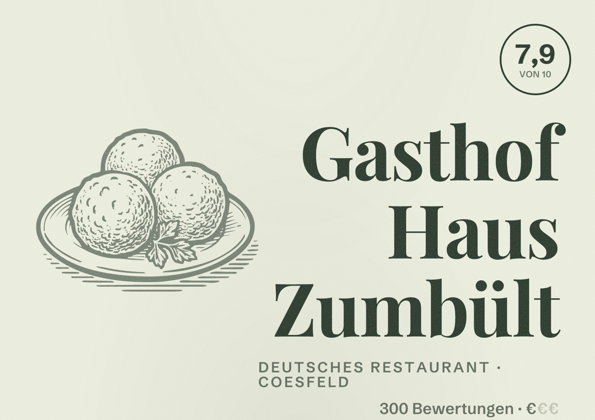 Illustriertes Poster von Gasthof Haus Zumbült, Deutsches Restaurant in Coesfeld: Bewertung 7,9 von 10 aus 300 Bewertungen, Preisniveau €