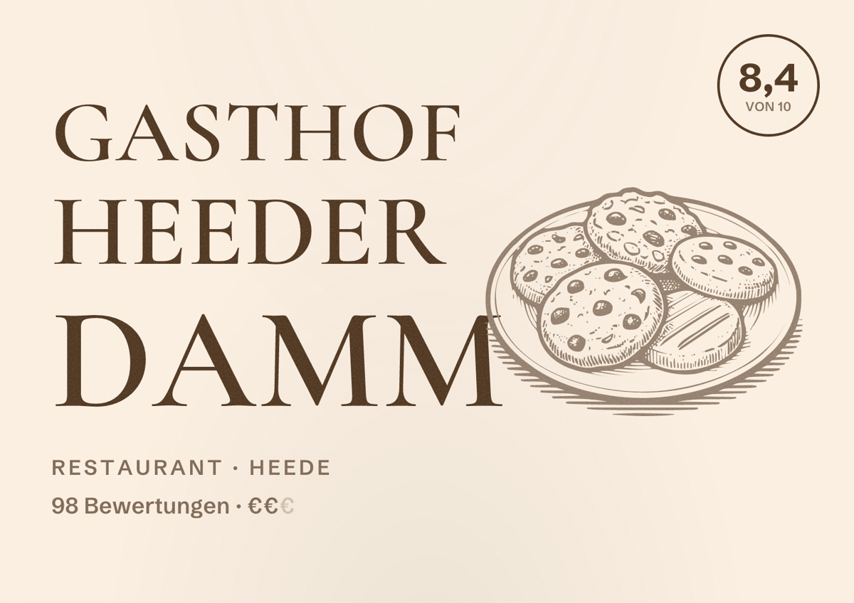 Illustriertes Poster von Gasthof Heeder Damm, Restaurant in Heede: Bewertung 8,4 von 10 aus 98 Bewertungen, Preisniveau €€