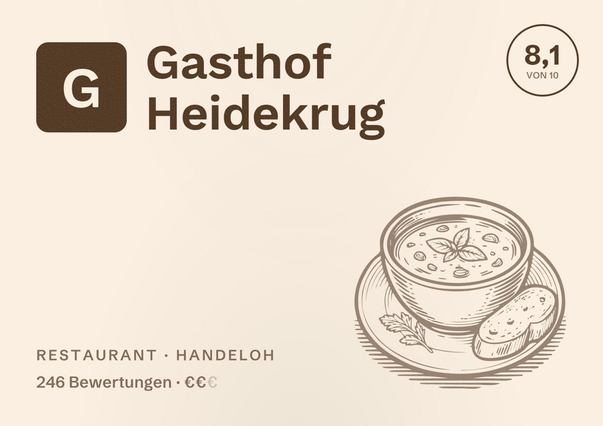 Illustriertes Poster von Gasthof Heidekrug, Restaurant in Handeloh: Bewertung 8,1 von 10 aus 246 Bewertungen, Preisniveau €€