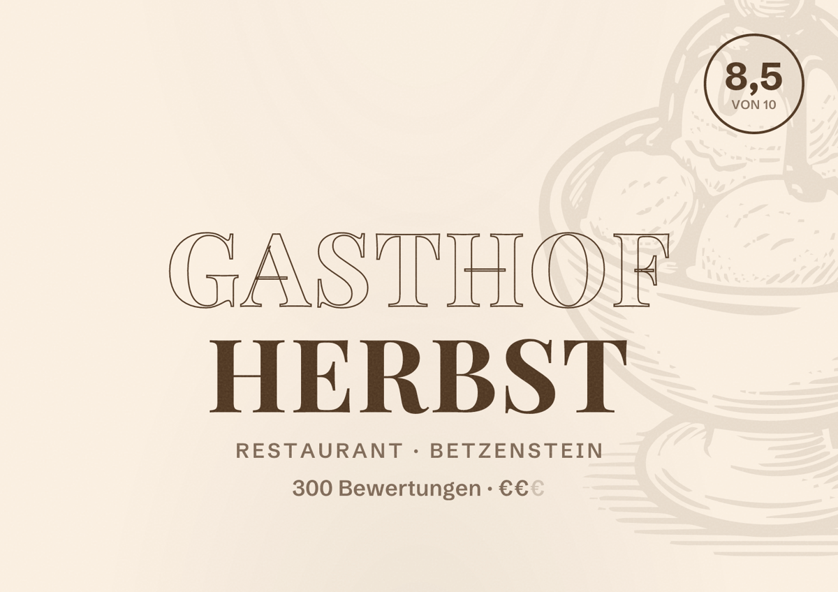 Illustriertes Poster von Gasthof Herbst, Restaurant in Betzenstein: Bewertung 8,5 von 10 aus 300 Bewertungen, Preisniveau €€