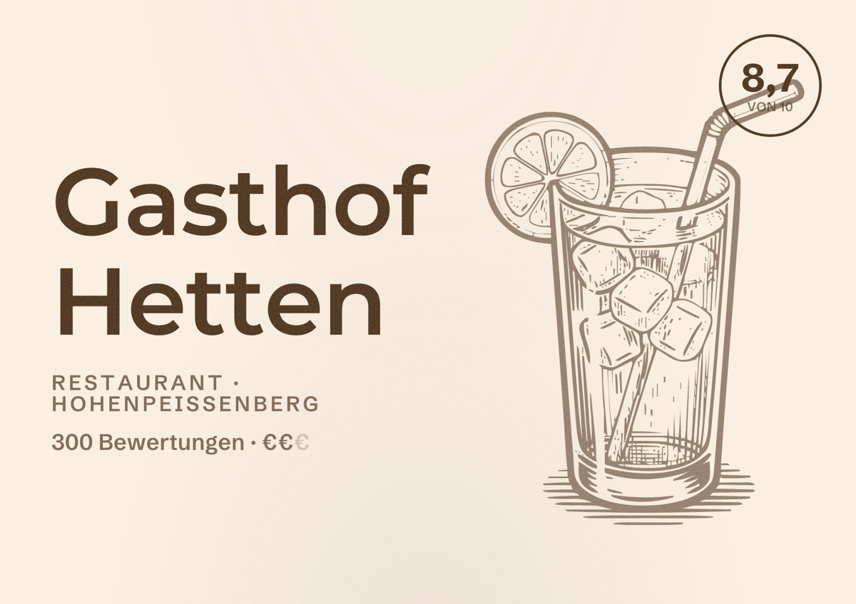 Illustriertes Poster von Gasthof Hetten, Restaurant in Hohenpeißenberg: Bewertung 8,7 von 10 aus 300 Bewertungen, Preisniveau €€