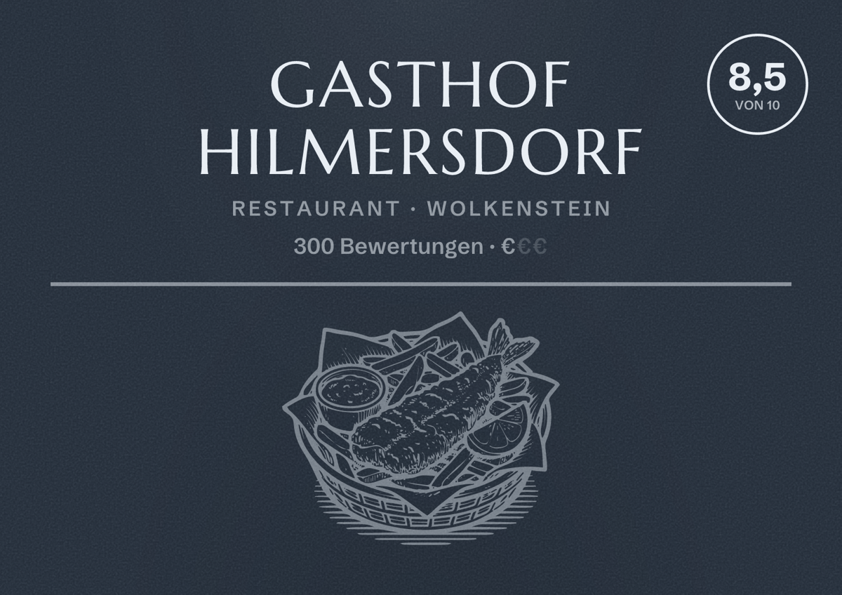 Illustriertes Poster von Gasthof Hilmersdorf, Restaurant in Wolkenstein: Bewertung 8,5 von 10 aus 300 Bewertungen, Preisniveau €