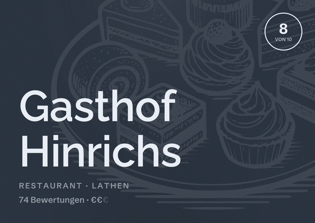 Illustriertes Poster von Gasthof Hinrichs, Restaurant in Lathen: Bewertung 8 von 10 aus 74 Bewertungen, Preisniveau €€