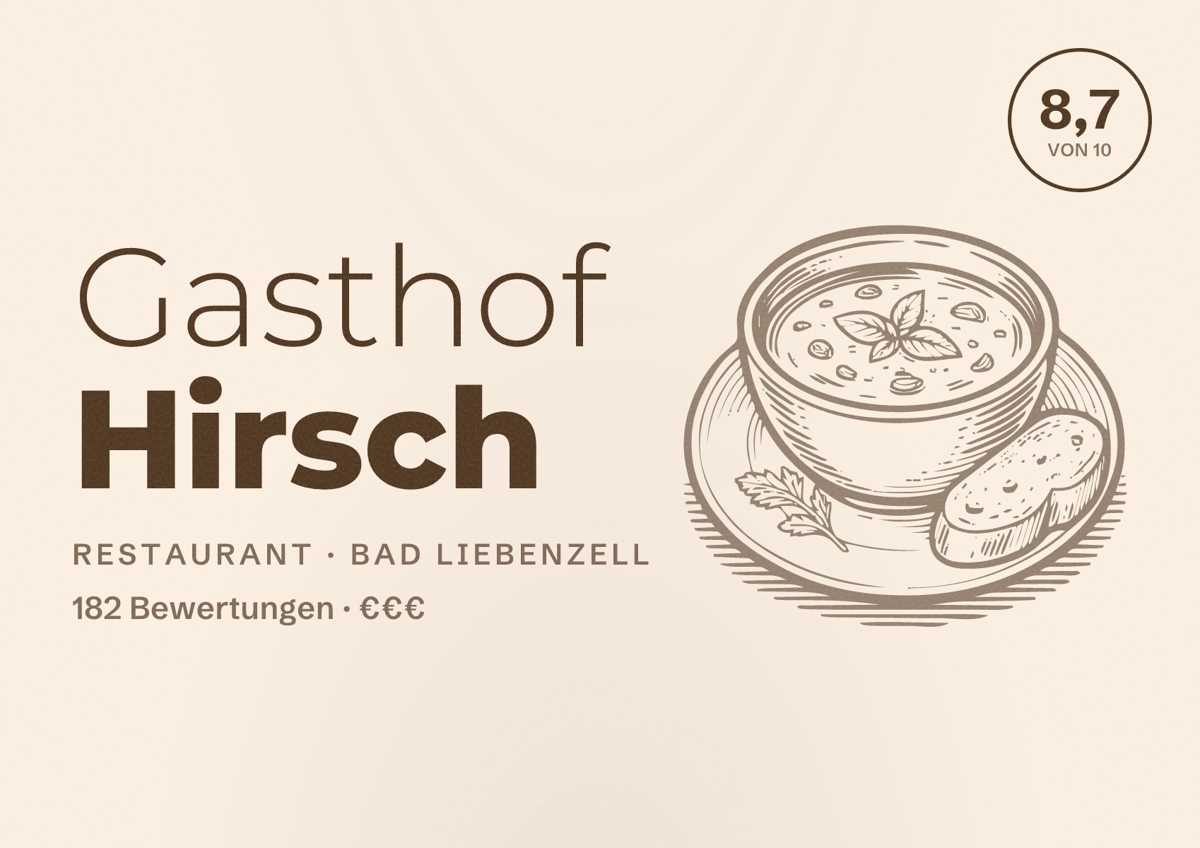 Illustriertes Poster von Gasthof Hirsch, Restaurant in Bad Liebenzell: Bewertung 8,7 von 10 aus 182 Bewertungen, Preisniveau €€€