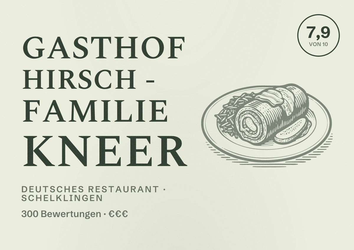Illustriertes Poster von Gasthof Hirsch - Familie Kneer, Deutsches Restaurant in Schelklingen: Bewertung 7,9 von 10 aus 300 Bewertungen, Preisniveau €€€