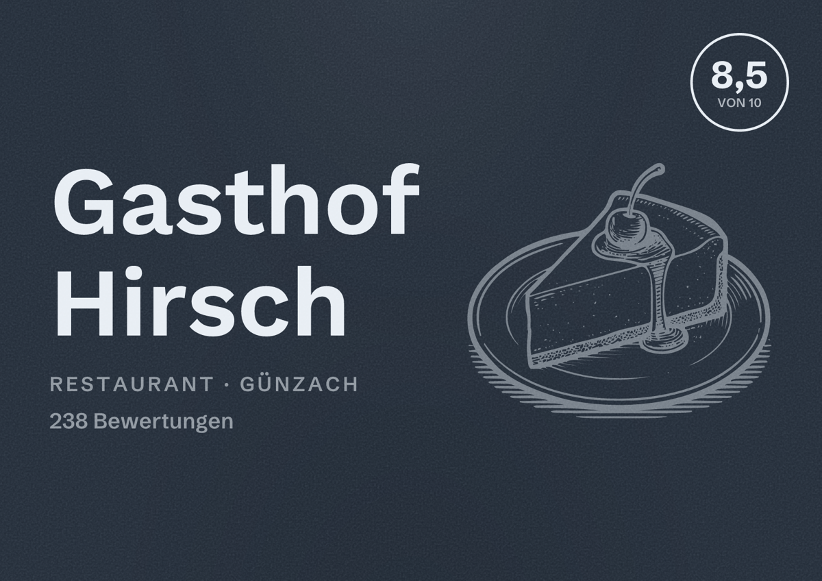 Illustriertes Poster von Gasthof Hirsch, Restaurant in Günzach: Bewertung 8,5 von 10 aus 238 Bewertungen
