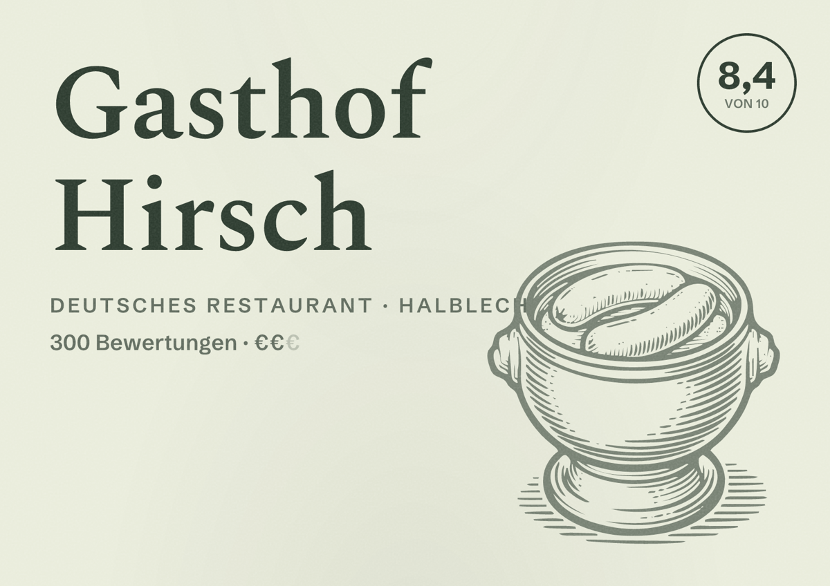 Illustriertes Poster von Gasthof Hirsch, Deutsches Restaurant in Halblech: Bewertung 8,4 von 10 aus 300 Bewertungen, Preisniveau €€