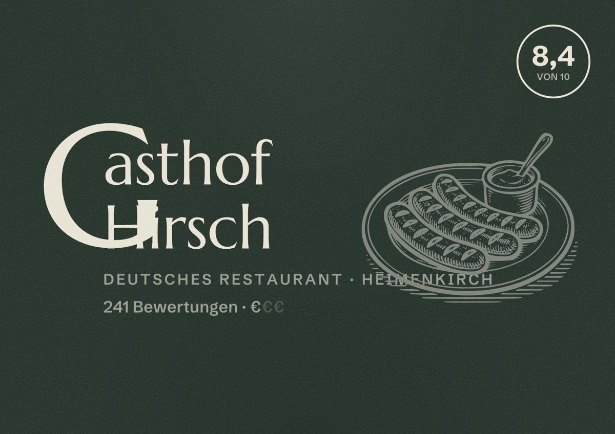 Illustriertes Poster von Gasthof Hirsch, Deutsches Restaurant in Heimenkirch: Bewertung 8,4 von 10 aus 241 Bewertungen, Preisniveau €