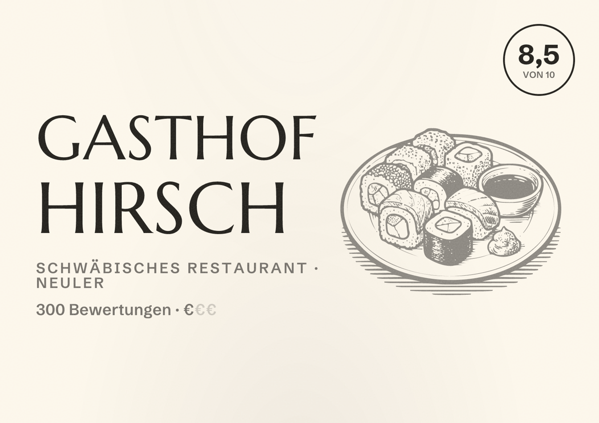 Illustriertes Poster von Gasthof Hirsch, Schwäbisches Restaurant in Neuler: Bewertung 8,5 von 10 aus 300 Bewertungen, Preisniveau €
