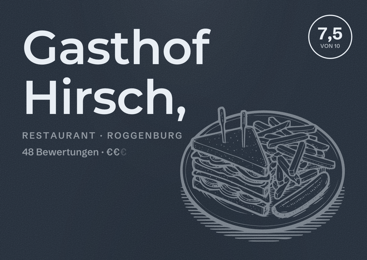 Illustriertes Poster von Gasthof Hirsch,, Restaurant in Roggenburg: Bewertung 7,5 von 10 aus 48 Bewertungen, Preisniveau €€
