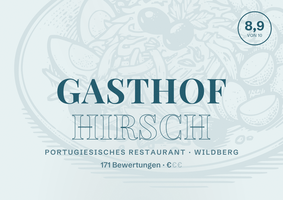 Illustriertes Poster von Gasthof Hirsch, Portugiesisches Restaurant in Wildberg: Bewertung 8,9 von 10 aus 171 Bewertungen, Preisniveau €