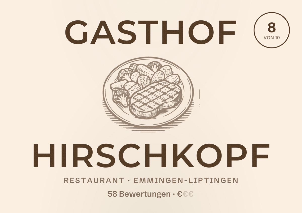 Illustriertes Poster von Gasthof Hirschkopf, Restaurant in Emmingen-Liptingen: Bewertung 8 von 10 aus 58 Bewertungen, Preisniveau €