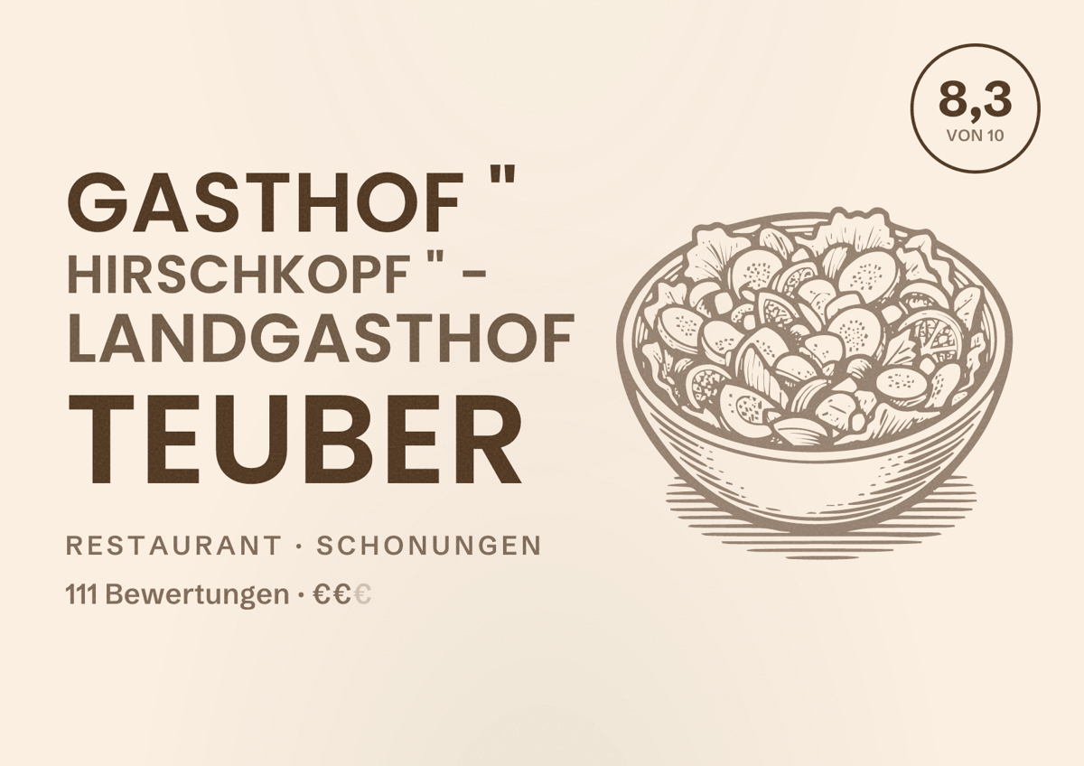 Illustriertes Poster von Gasthof " Hirschkopf " - Landgasthof Teuber, Restaurant in Schonungen: Bewertung 8,3 von 10 aus 111 Bewertungen, Preisniveau €€