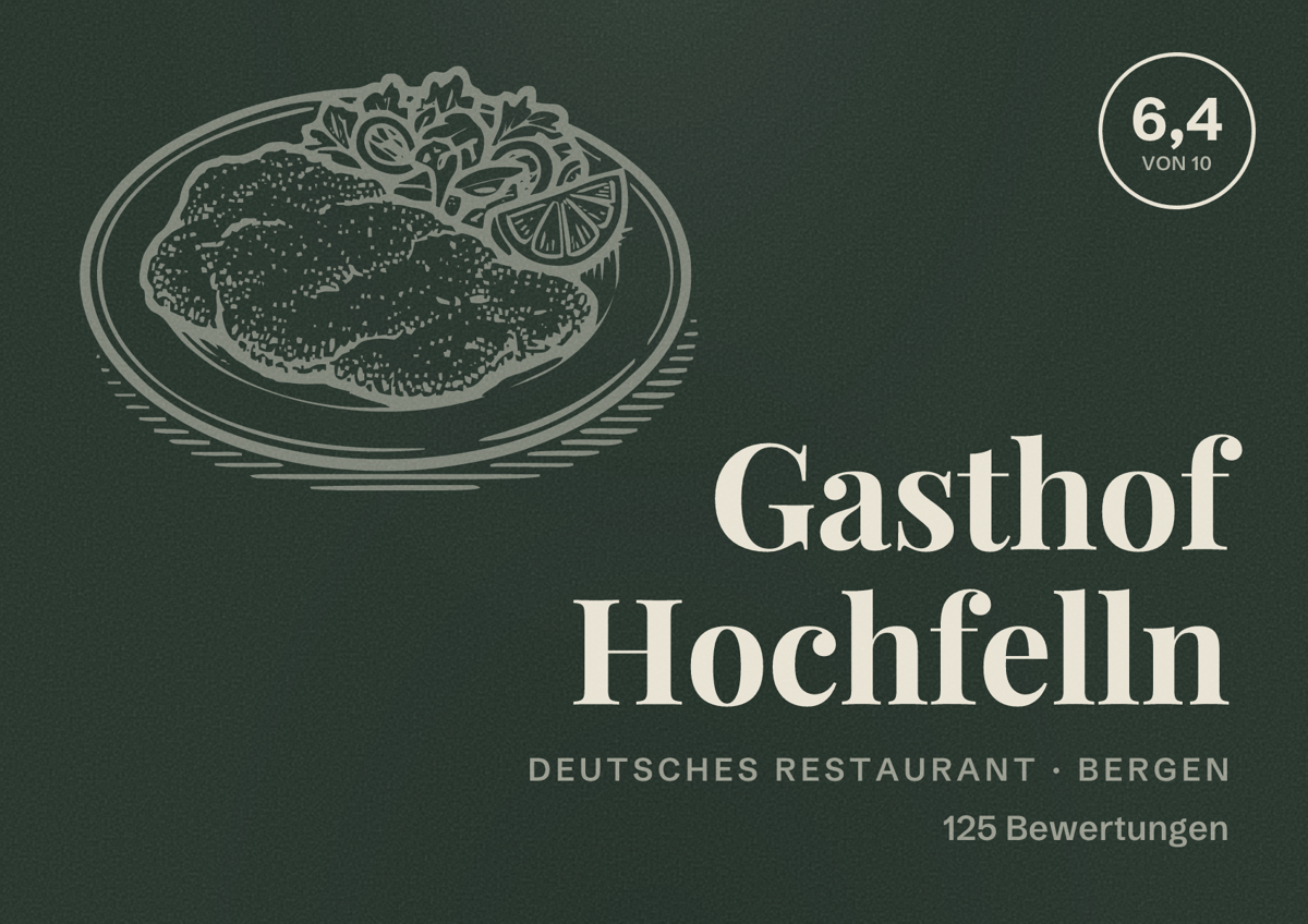 Illustriertes Poster von Gasthof Hochfelln, Deutsches Restaurant in Bergen: Bewertung 6,4 von 10 aus 125 Bewertungen