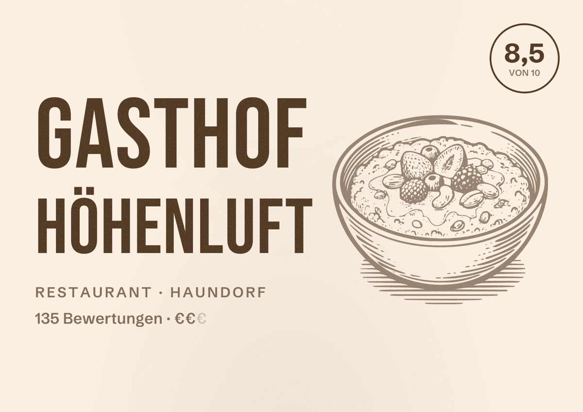 Illustriertes Poster von Gasthof Höhenluft, Restaurant in Haundorf: Bewertung 8,5 von 10 aus 135 Bewertungen, Preisniveau €€
