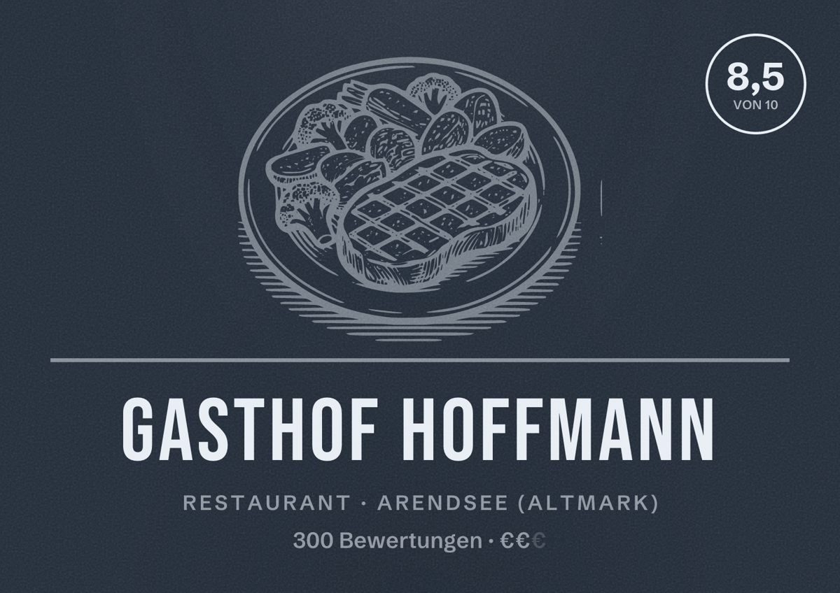 Illustriertes Poster von Gasthof Hoffmann, Restaurant in Arendsee (Altmark): Bewertung 8,5 von 10 aus 300 Bewertungen, Preisniveau €€