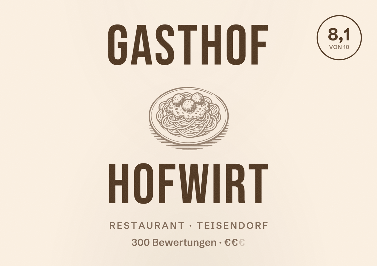 Illustriertes Poster von Gasthof Hofwirt, Restaurant in Teisendorf: Bewertung 8,1 von 10 aus 300 Bewertungen, Preisniveau €€