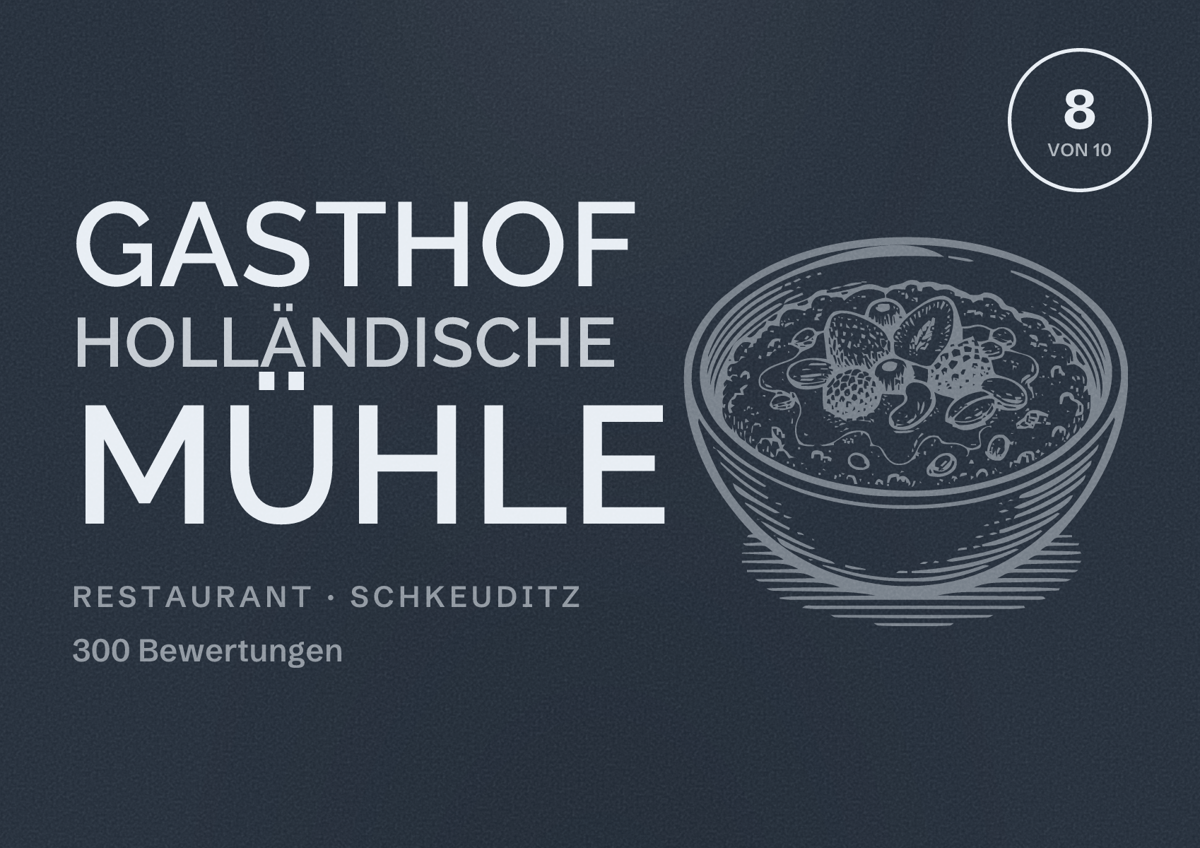 Illustriertes Poster von Gasthof Holländische Mühle, Restaurant in Schkeuditz: Bewertung 8 von 10 aus 300 Bewertungen