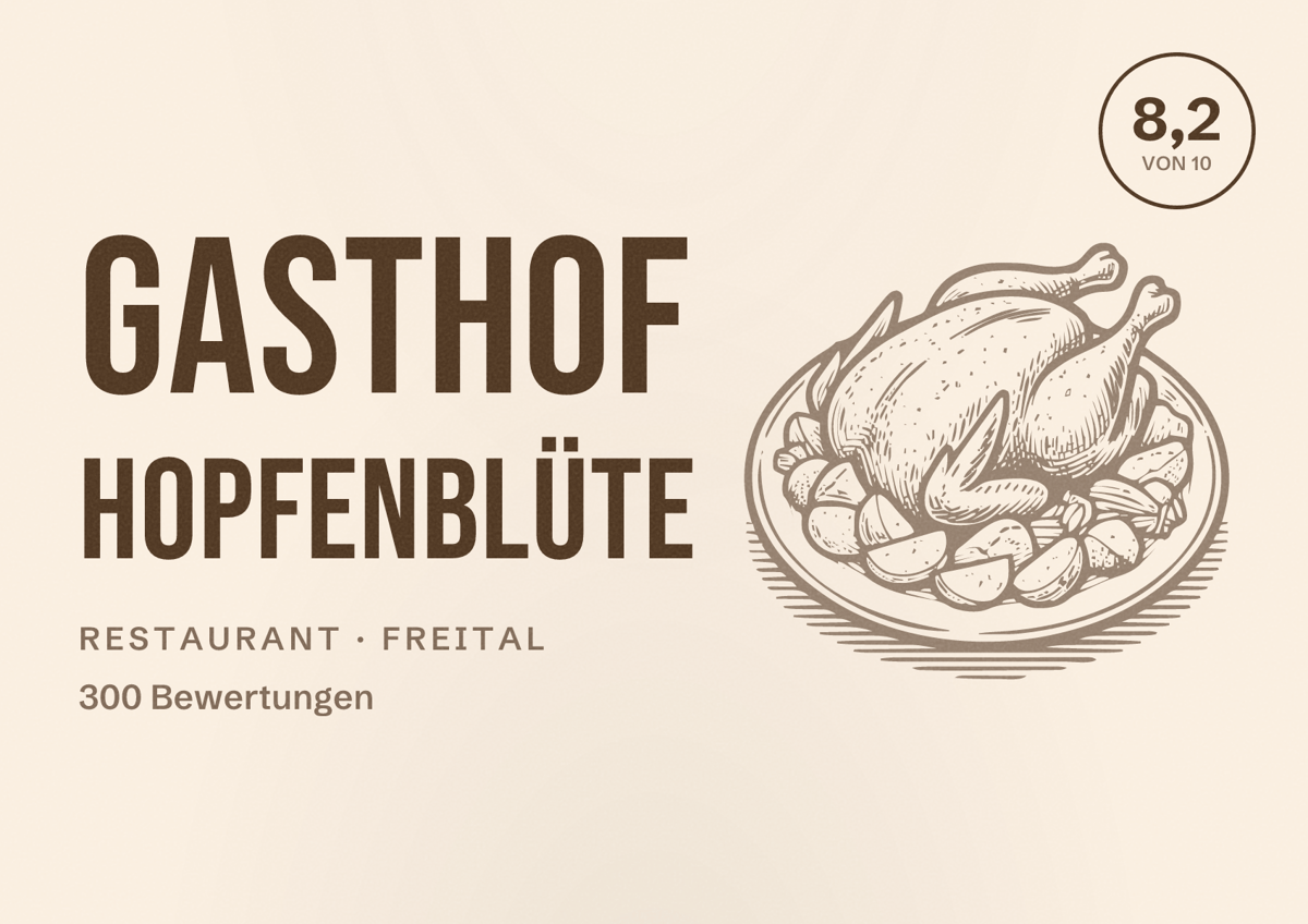 Illustriertes Poster von Gasthof Hopfenblüte, Restaurant in Freital: Bewertung 8,2 von 10 aus 300 Bewertungen