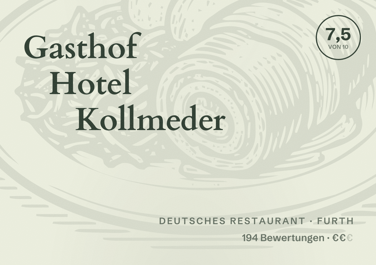 Illustriertes Poster von Gasthof Hotel Kollmeder, Deutsches Restaurant in Furth: Bewertung 7,5 von 10 aus 194 Bewertungen, Preisniveau €€