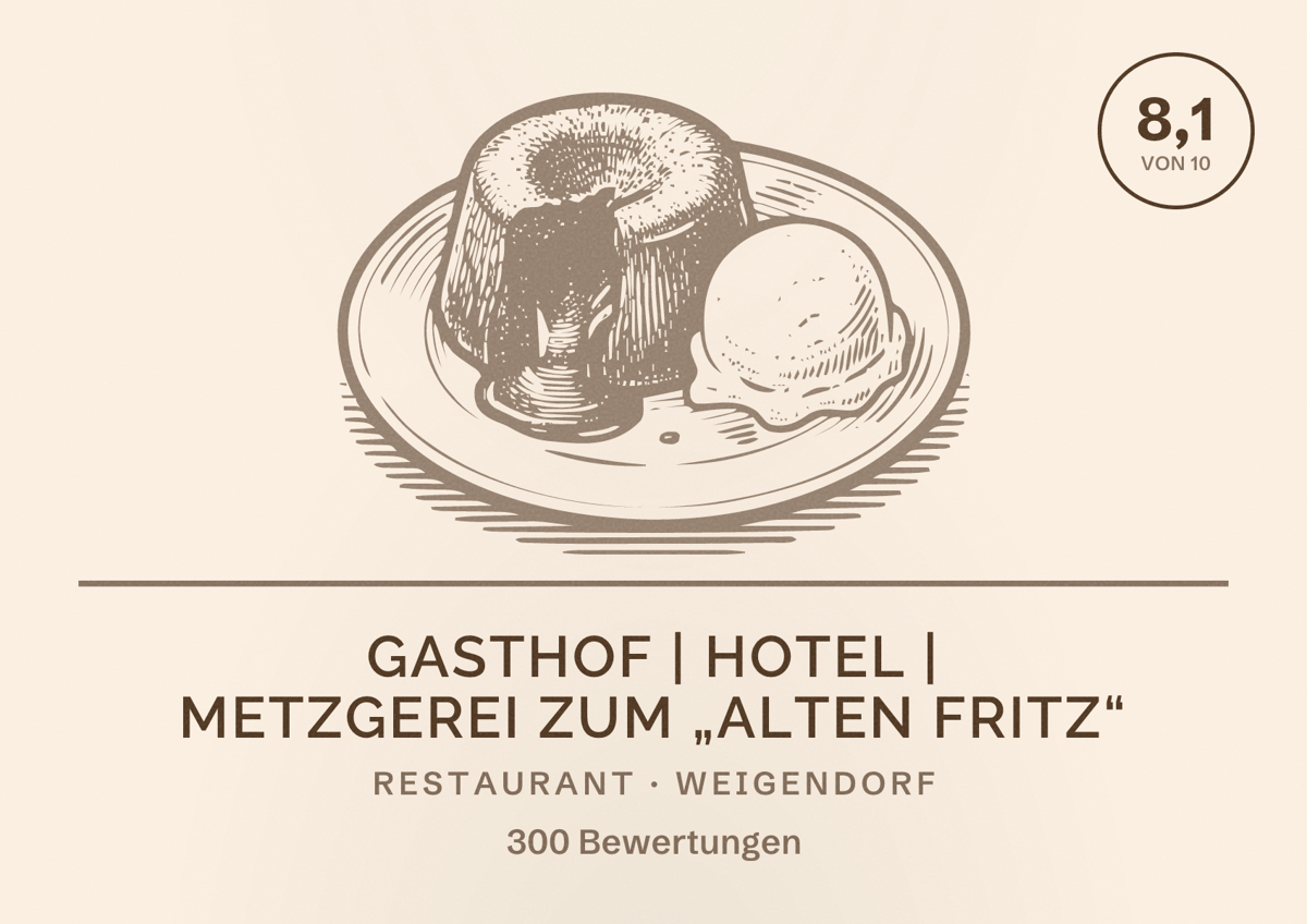 Illustriertes Poster von Gasthof | Hotel | Metzgerei Zum „Alten Fritz“, Restaurant in Weigendorf: Bewertung 8,1 von 10 aus 300 Bewertungen