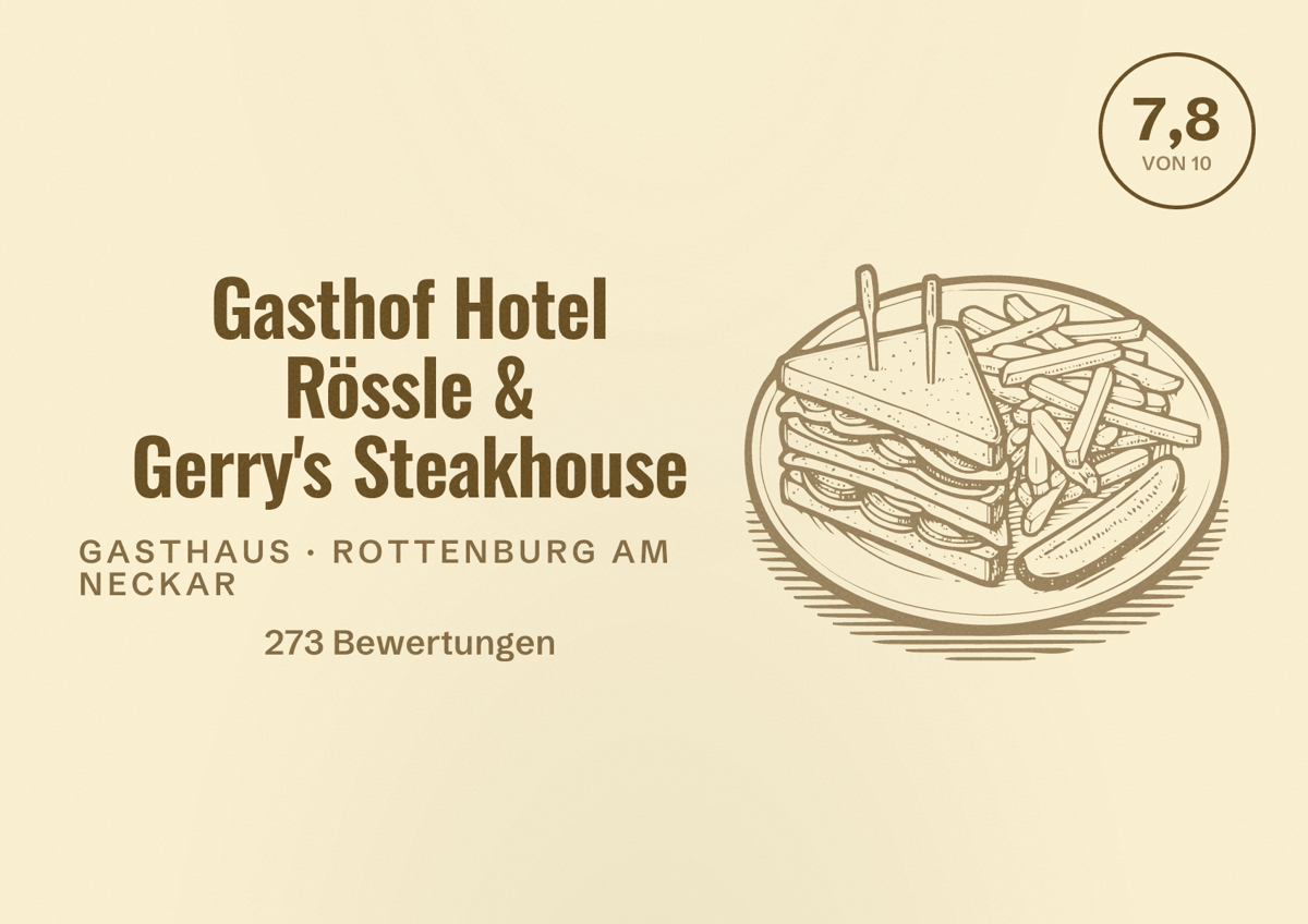 Illustriertes Poster von Gasthof Hotel Rössle & Gerry's Steakhouse, Gasthaus in Rottenburg am Neckar: Bewertung 7,8 von 10 aus 273 Bewertungen