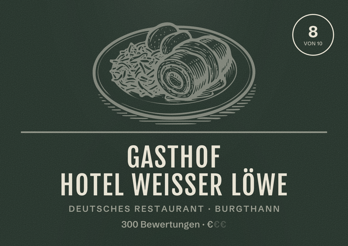 Illustriertes Poster von Gasthof Hotel Weißer Löwe, Deutsches Restaurant in Burgthann: Bewertung 8 von 10 aus 300 Bewertungen, Preisniveau €