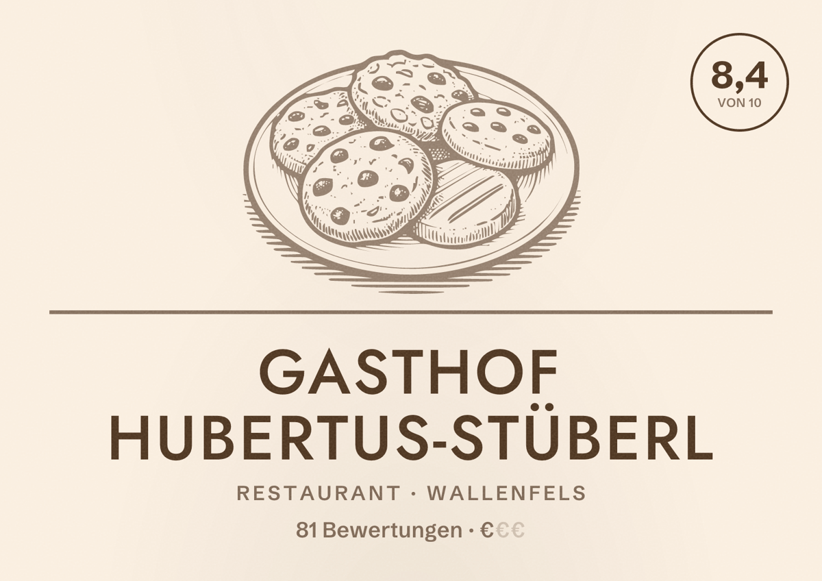 Illustriertes Poster von Gasthof Hubertus-Stüberl, Restaurant in Wallenfels: Bewertung 8,4 von 10 aus 81 Bewertungen, Preisniveau €