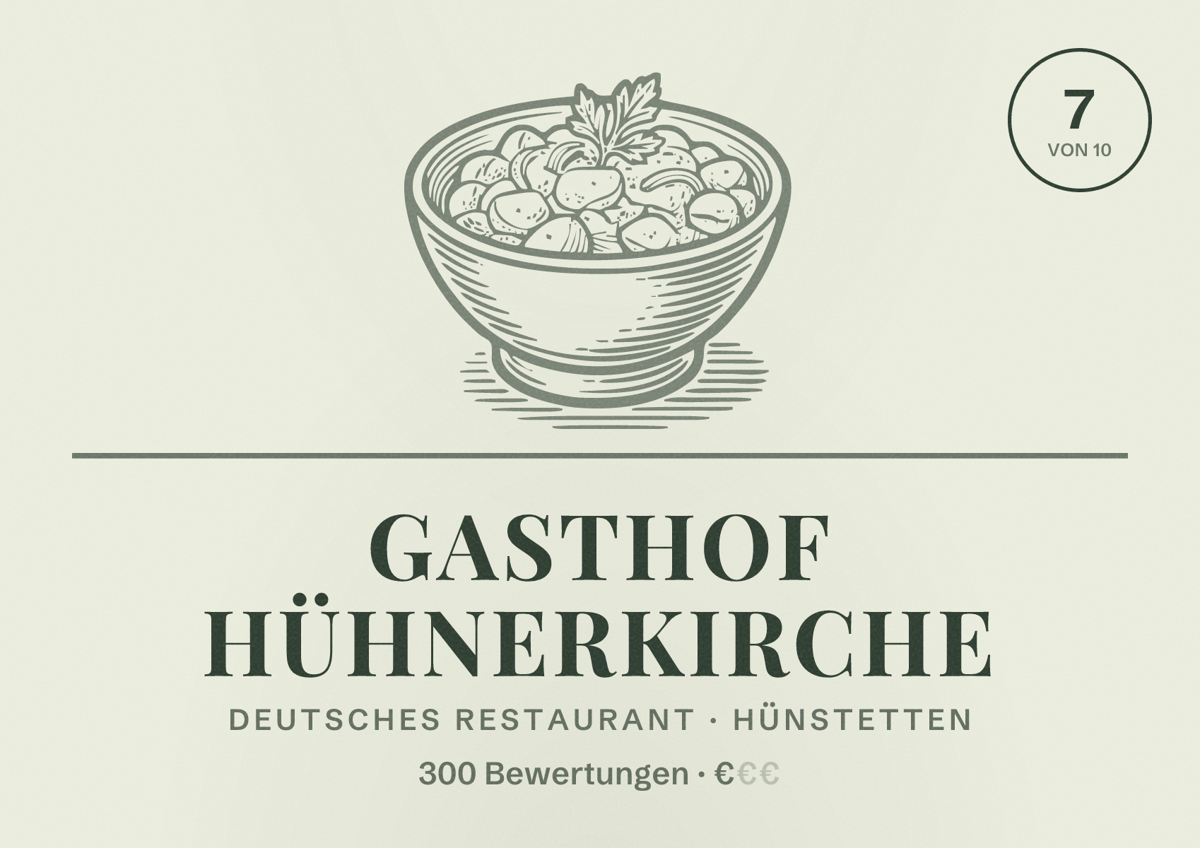 Illustriertes Poster von Gasthof Hühnerkirche, Deutsches Restaurant in Hünstetten: Bewertung 7 von 10 aus 300 Bewertungen, Preisniveau €