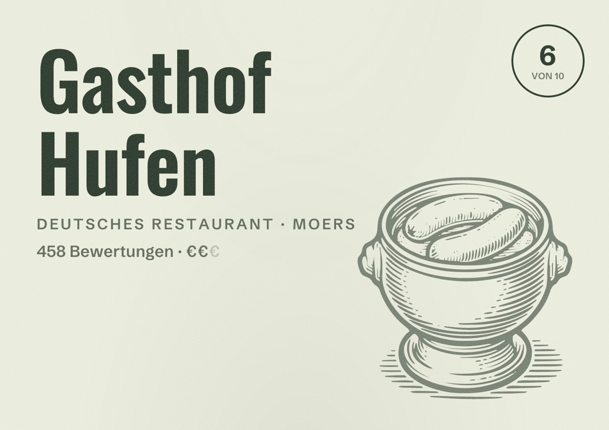 Illustriertes Poster von Gasthof Hufen, Deutsches Restaurant in Moers: Bewertung 6 von 10 aus 458 Bewertungen, Preisniveau €€