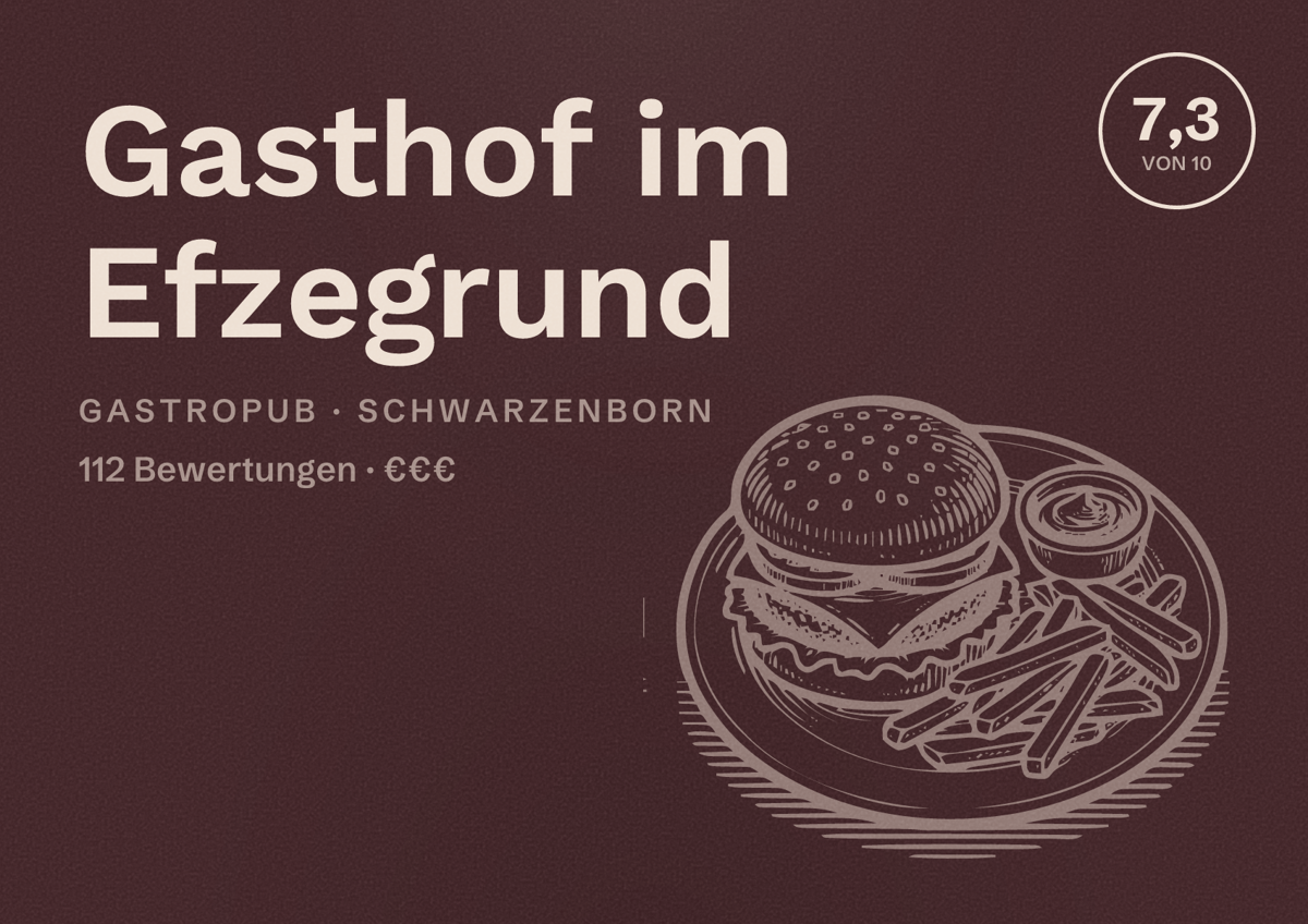 Illustriertes Poster von Gasthof im Efzegrund, Gastropub in Schwarzenborn: Bewertung 7,3 von 10 aus 112 Bewertungen, Preisniveau €€€