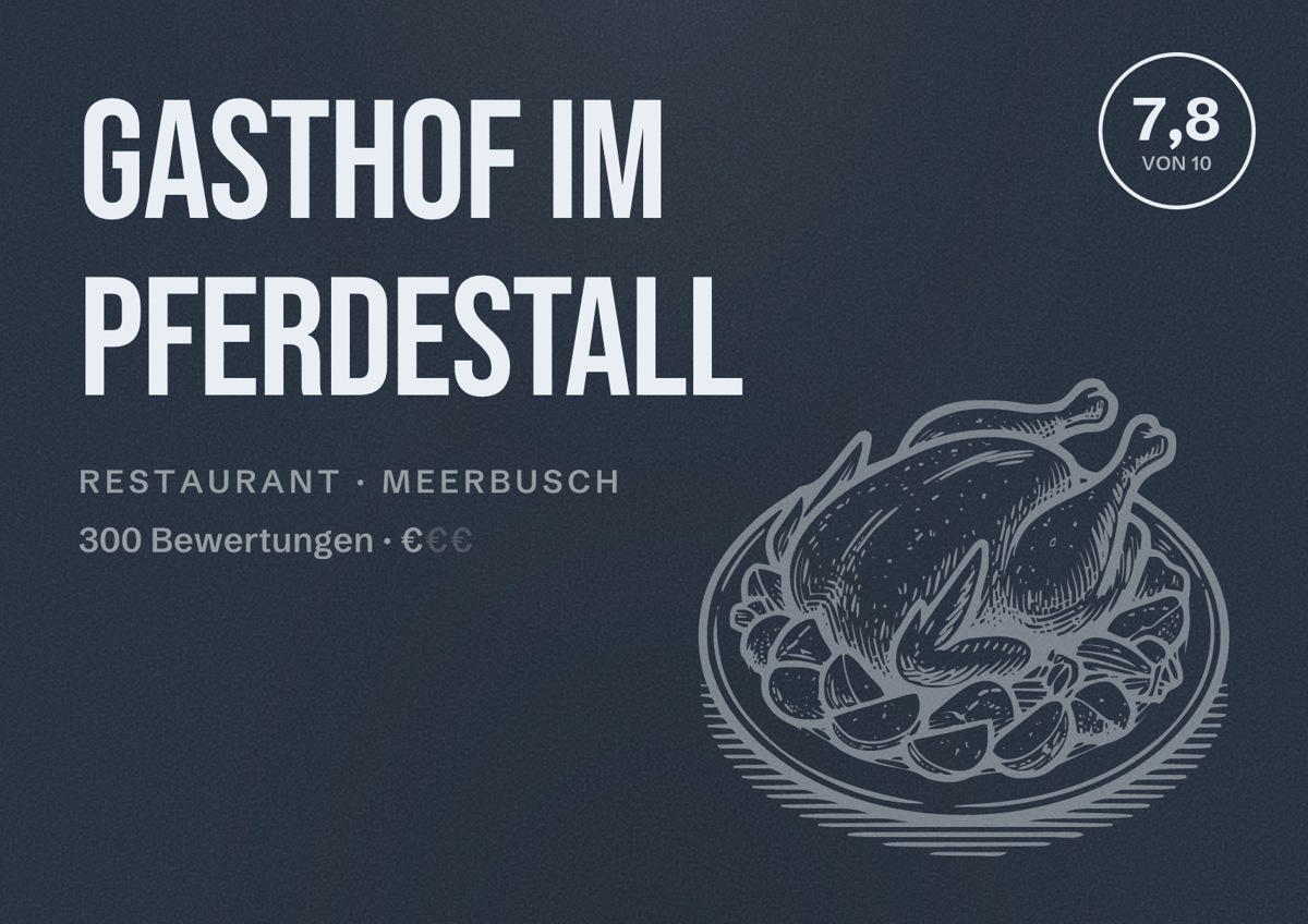 Illustriertes Poster von Gasthof Im Pferdestall, Restaurant in Meerbusch: Bewertung 7,8 von 10 aus 300 Bewertungen, Preisniveau €