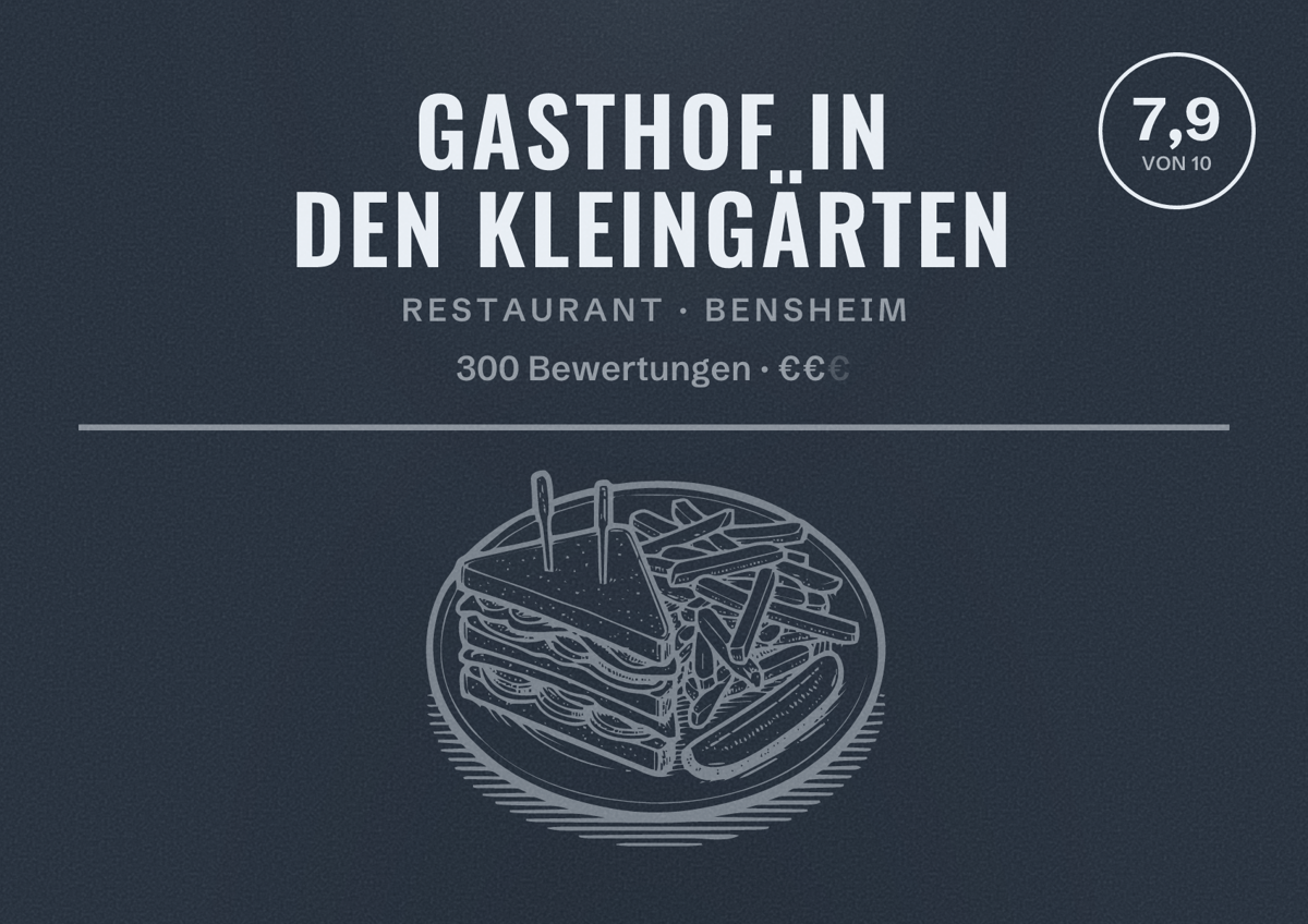 Illustriertes Poster von Gasthof In den Kleingärten, Restaurant in Bensheim: Bewertung 7,9 von 10 aus 300 Bewertungen, Preisniveau €€