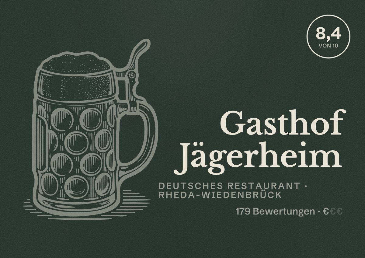 Illustriertes Poster von Gasthof Jägerheim, Deutsches Restaurant in Rheda-Wiedenbrück: Bewertung 8,4 von 10 aus 179 Bewertungen, Preisniveau €