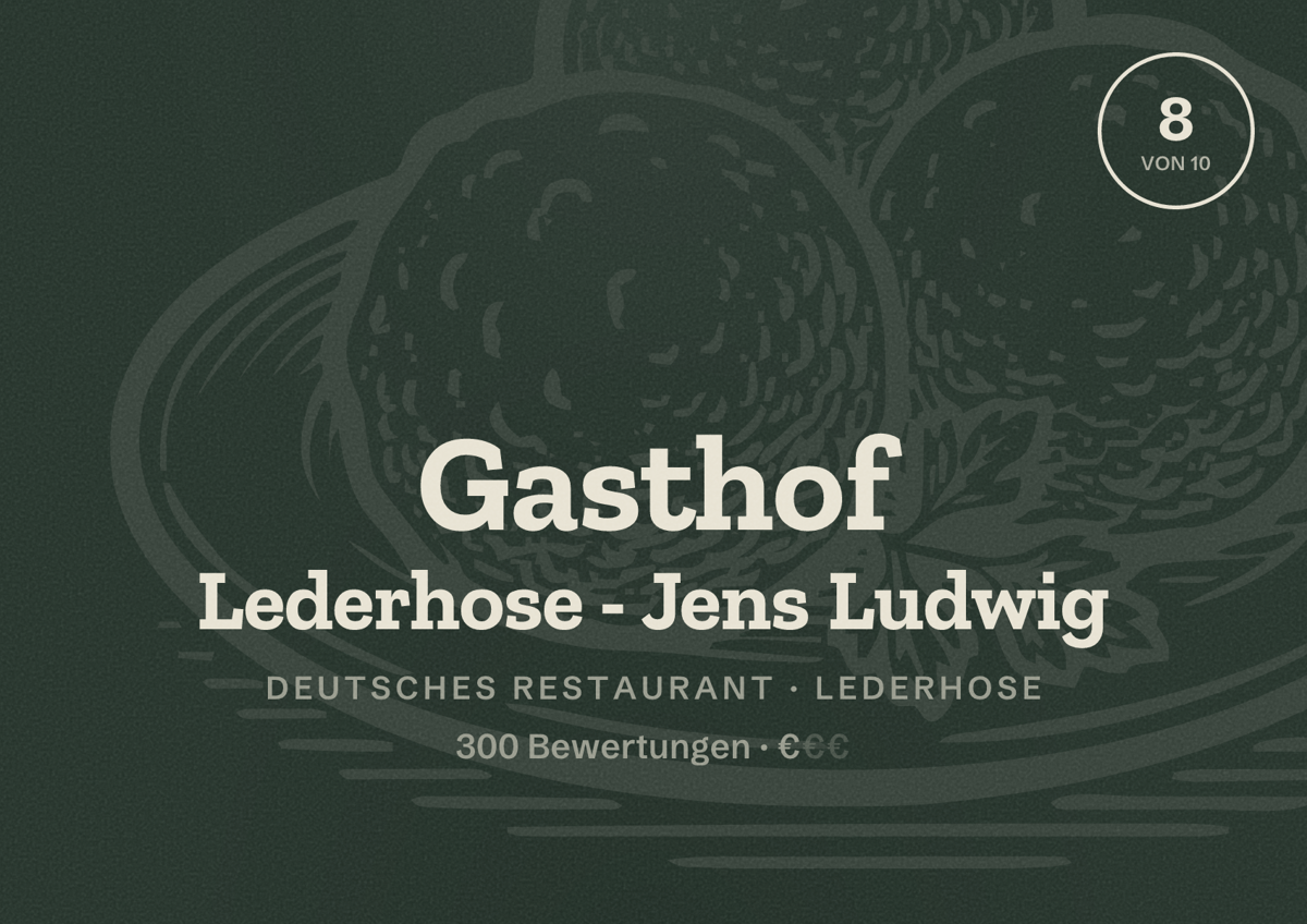 Illustriertes Poster von Gasthof Lederhose - Jens Ludwig, Deutsches Restaurant in Lederhose: Bewertung 8 von 10 aus 300 Bewertungen, Preisniveau €
