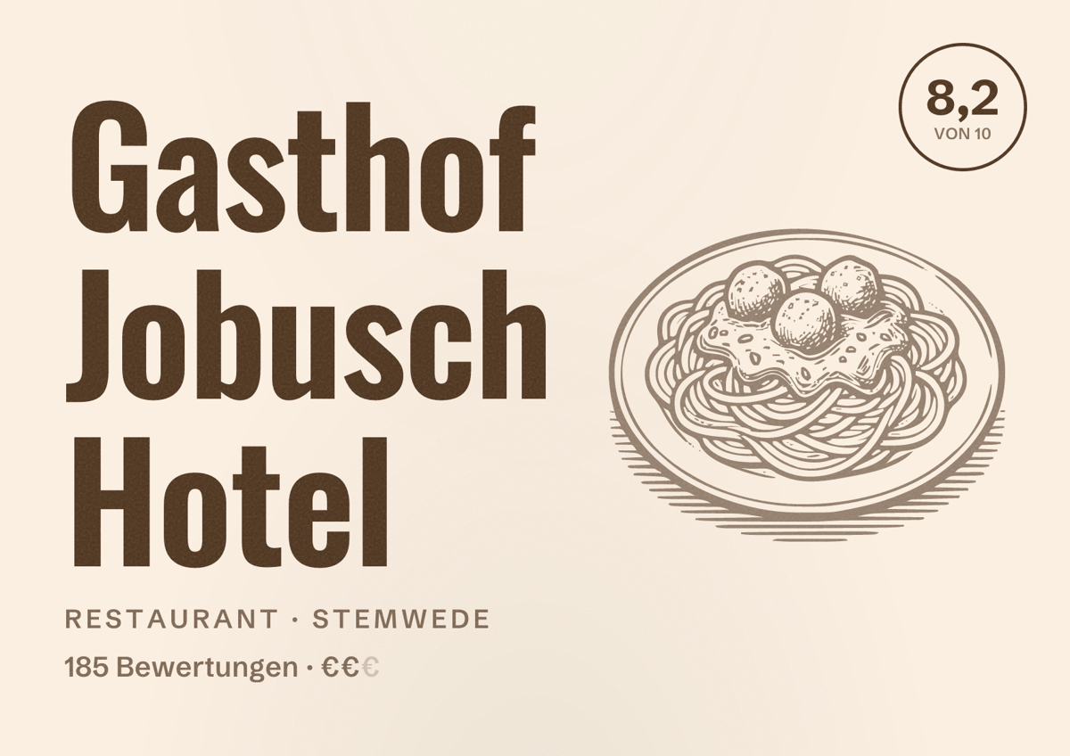 Illustriertes Poster von Gasthof Jobusch Hotel, Restaurant in Stemwede: Bewertung 8,2 von 10 aus 185 Bewertungen, Preisniveau €€
