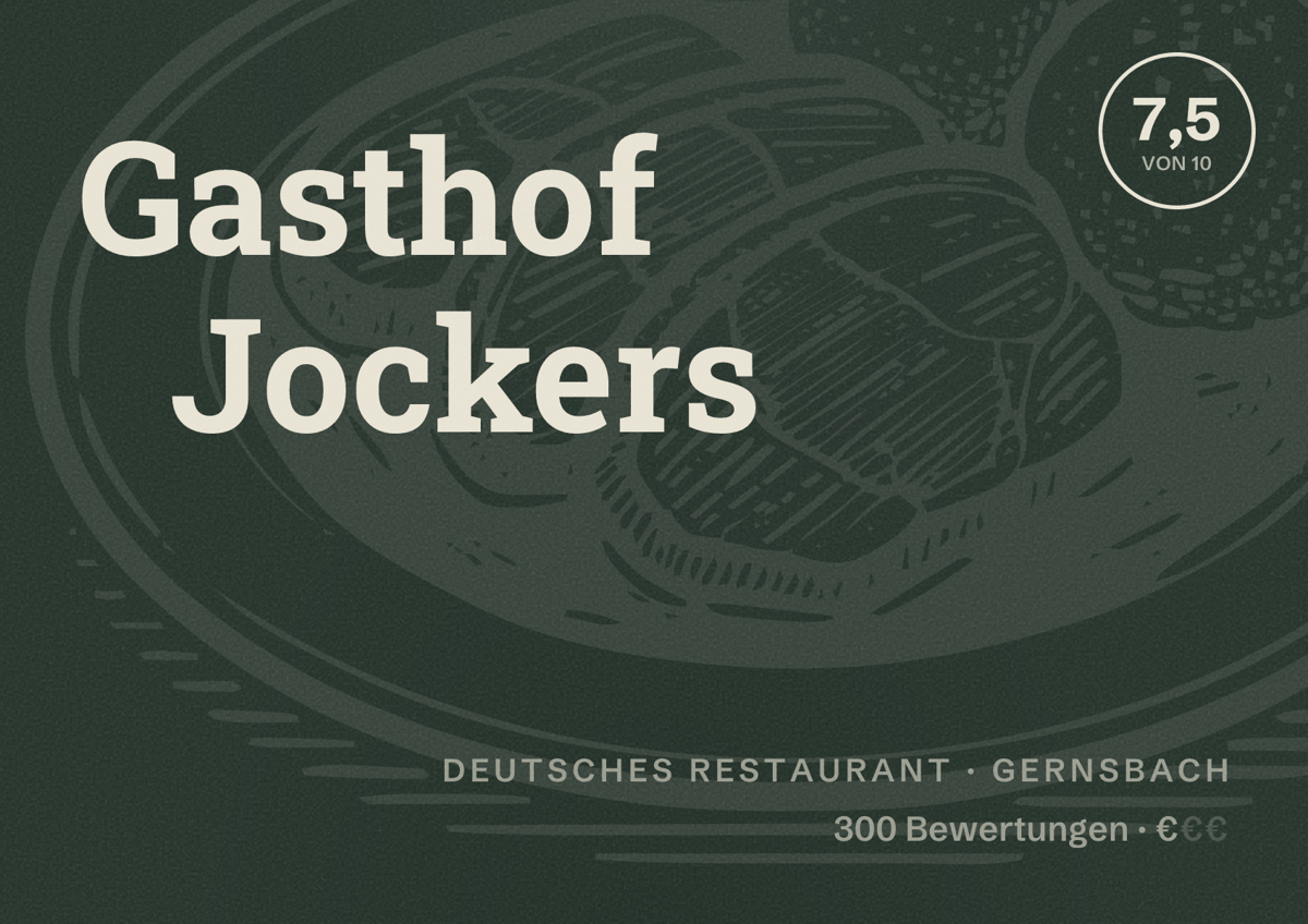 Illustriertes Poster von Gasthof Jockers, Deutsches Restaurant in Gernsbach: Bewertung 7,5 von 10 aus 300 Bewertungen, Preisniveau €